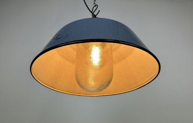 Industrial Grey Enamel and Cast Iron Pendant Light with Glass