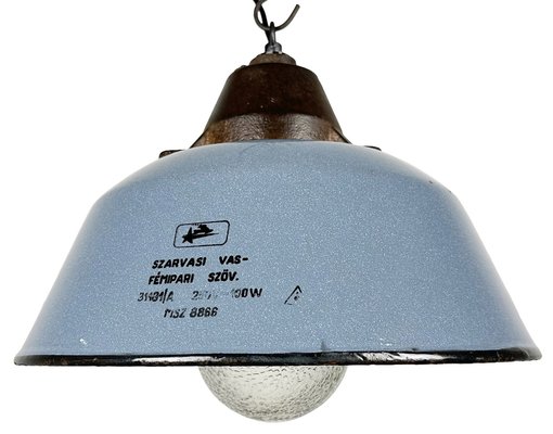 Industrial Grey Enamel and Cast Iron Pendant Light with Glass