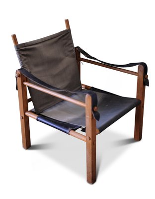 Mid Century Safari Chair with Black Leather Sling Arms Beech Frame and Canvas Upholstery by Kaare Klint 1950s