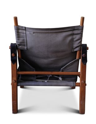 Mid-Century Safari Stuhl mit Sling Armlehnen aus schwarzem Leder