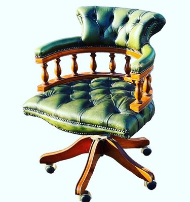 Green Leather Buttoned Back Swivel Desk Chair for sale at Pamono