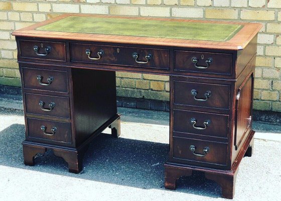Mahogany Pedestal Desk with Green Leather Top