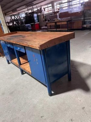 Metal workbench with wood on sale top