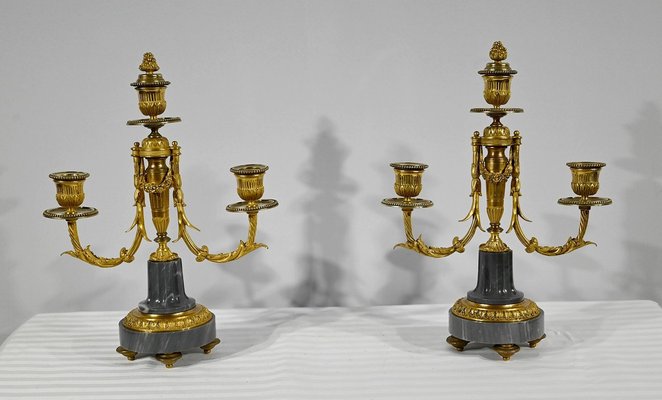 Mid 19th Century Bronze and Marble Candleholders, Set of 2