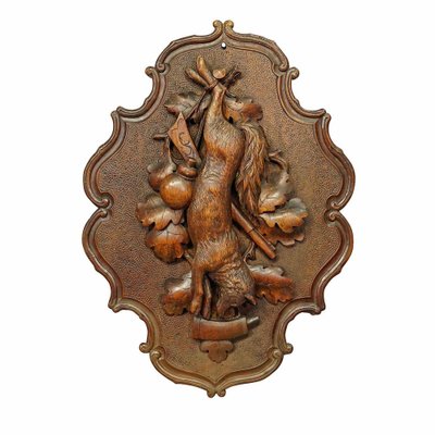 Antique Wooden Carved Black Forest Game Plaque with Fox, 1890s for