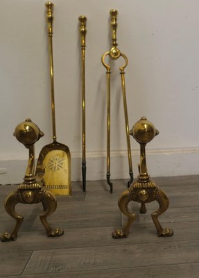 Arts and Crafts Brass Gothic Fireside Tools, 1880s, Set of 4 for