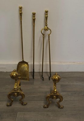 Arts and Crafts Brass Gothic Fireside Tools, 1880s, Set of 4 for