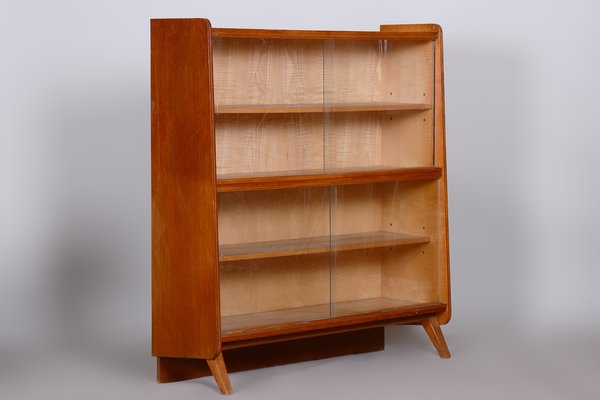 Mid Century Oak Bookcase with Glass Doors Polish Czechia 1950s