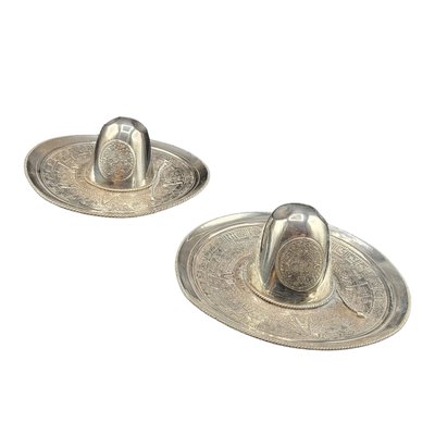 Silver Mexican Hat with Aztec Calendar Engraving, Set of 2