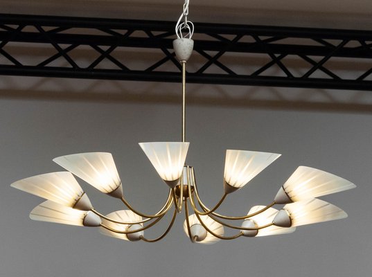 Large Ten-Arm Brass and Art Glass Spider Sputnik Chandelier