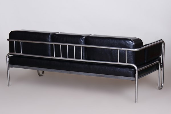 Canapé Bauhaus Noir Tubulaire en Acier Plaqué Chrome & Cuir de