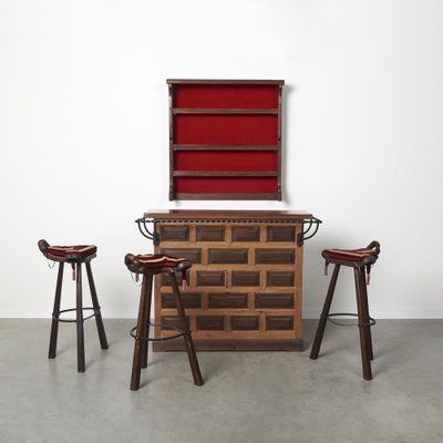 Mid Century Brutalist Spanish Bar with Marbella Bar Stools 1960s