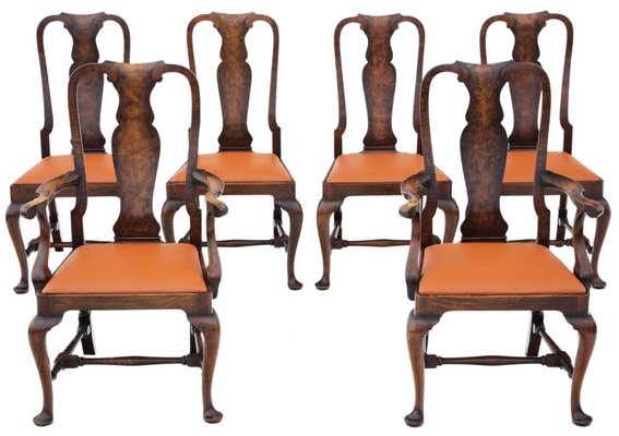 Queen Anne Revival Burr Walnut Dining Chairs 1910s Set of 6 for
