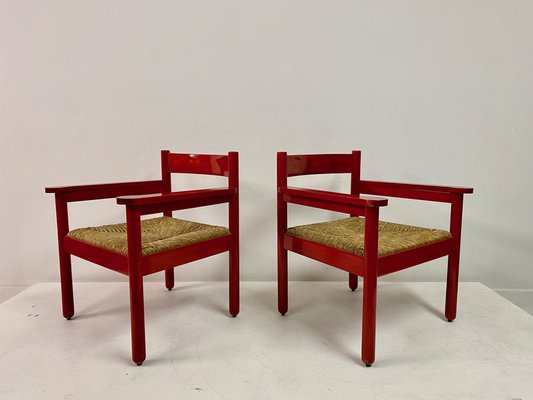 Set of Italian Red Armchairs with Rush Seats, 1960s for sale at Pamono