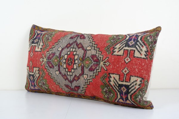 Vintage Turkish Pale Rug Lumbar Cushion Cover with Tribal Design