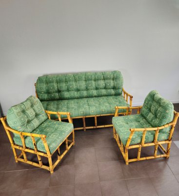 Vintage Sofa aus Bambus, Rattan & Grnem Stoff, Italien, 1960er