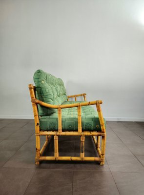 Vintage Sofa in Bamboo Rattan and Green Fabric Italy 1960s