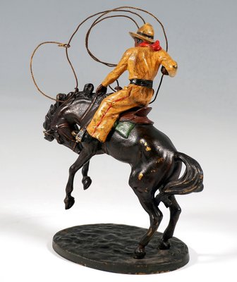 Viennese Bronze Cowboy with Lasso on Horse Figure by Carl Kauba