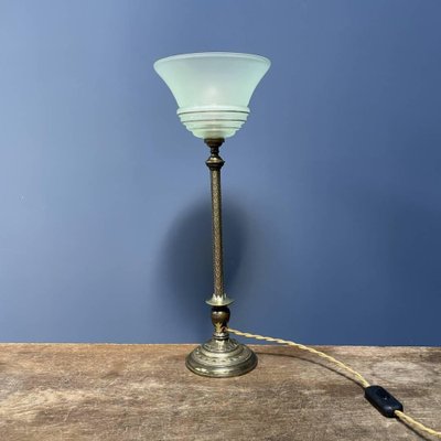 Brass Table Lamp with Mint Green Glass Hood for sale at Pamono