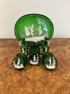 Victorian Green Dressing Table Set by Mary Gregory, 1860s, Set of 6 for sale at Pamono Victorian Green Dressing Table Set by Mary Gregory, 1860s, Set of 6 for sale at Pamono