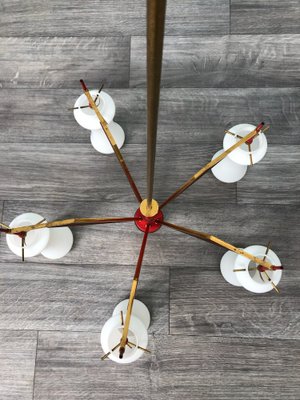 Italian Brass Hanging Lamp in Metal and Teak with Opal Glass