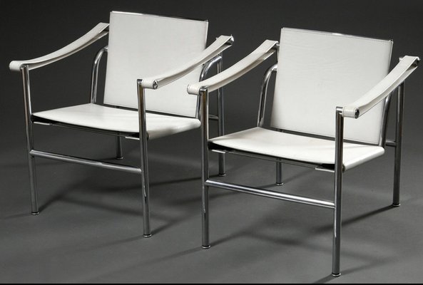 White Leather LC1 Basculant Chair by Le Corbusier, Pierre White Leather LC1 Basculant Chair by Le Corbusier, Pierre