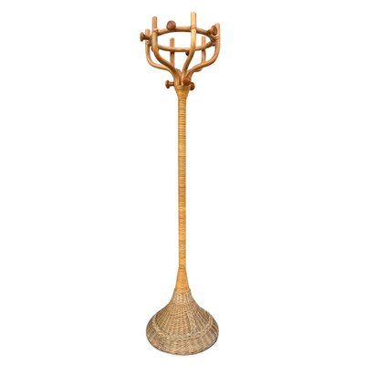 Italian Coat Stand in Wicker and Curved Wood, 1980s for sale at Pamono