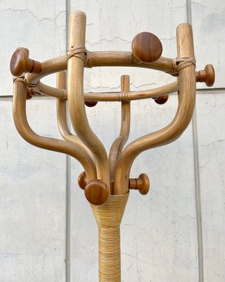 Italian Coat Stand in Wicker and Curved Wood, 1980s for sale at Pamono