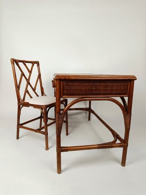 Mid Century Italian Writing Desk with Drawers and Chair in Bamboo