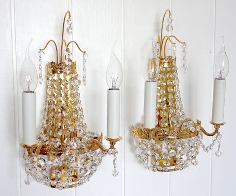 24 Karat Gilded Brass Lead Crystal Wall Lamps from Palwa, 1960, Set of 2  for sale at Pamono