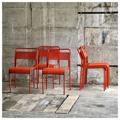 Vintage Red Stackable Chairs in Perforated Metal 1980s Set of 6