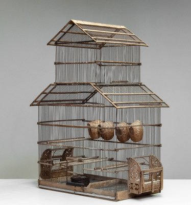 Large Vintage French Bird Cage in Rusty Iron and Wood 1920s