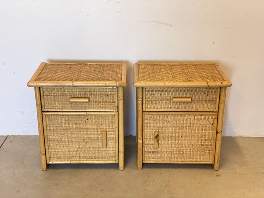 Bedside Tables in Wicker and Bamboo 1970s Set of 2 for sale at