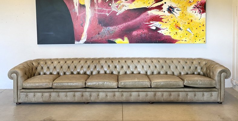 Large 6 Seater Sofa in Leather and Wood 1970s