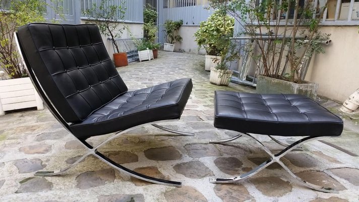 Barcelona Lounge Chair Ottoman by Ludwig Mies Van Der Rohe for Knoll Inc. Knoll International Set of 2