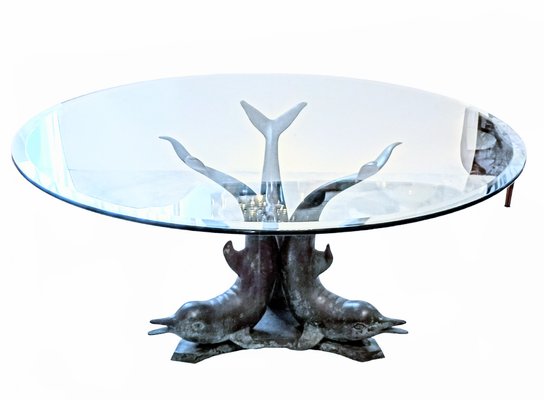 Bronze Crystal Glass Coffee Table with Dolphin Base 1970s