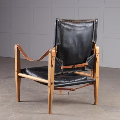 Safari Chair in Black Leather by Kaare Klint, 1960s for sale at Pamono