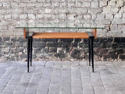 Vintage Mid-Century Wooden Side or Coffee Table with Glass Top for