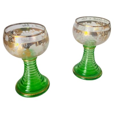 Wine Glasses in Green Gilt Color, France, 1940s, Set of 2