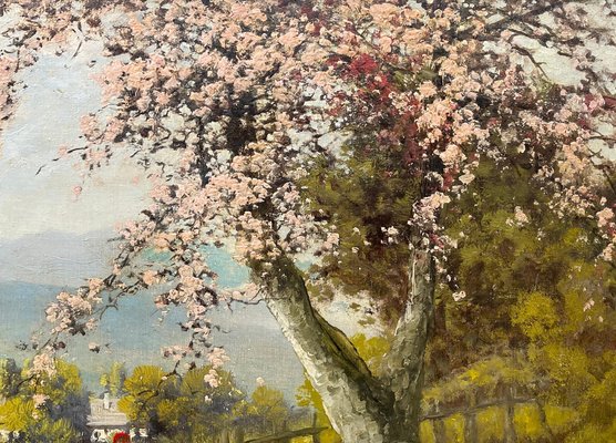 Laszlo Neogrady, Countryside Village River Scene with Tree Blossom