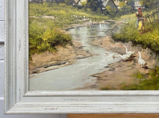 Laszlo Neogrady, Countryside Village River Scene with Tree Blossom