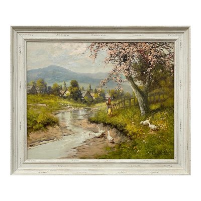 Laszlo Neogrady, Countryside Village River Scene with Tree Blossom