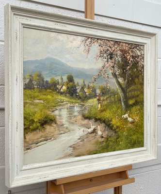 絵画 nap Laszlo Neogrady, Countryside Village River Scene with Tree Blossom