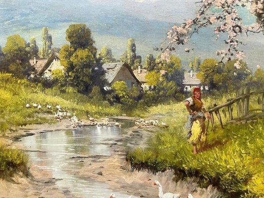 絵画 Neiro Laszlo Neogrady, Countryside Village River Scene with Tree Blossom
