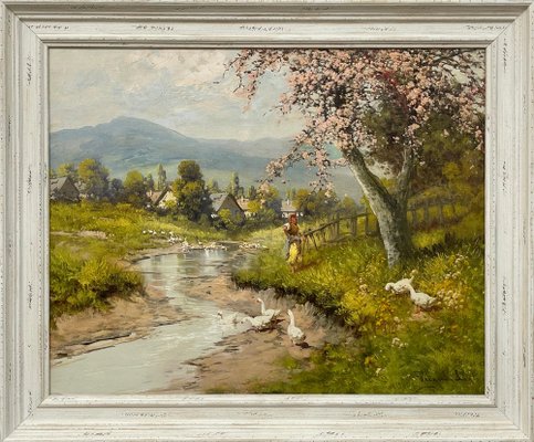 Laszlo Neogrady, Countryside Village River Scene with Tree Blossom