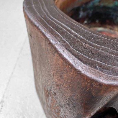 Japanese Antique Wood and Copper Hibachi With Inlaid Flowers