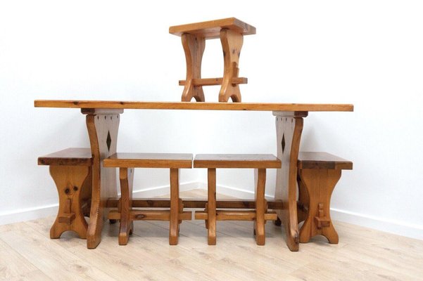 Mid Century Swedish Dining Table and Stools in Pine 1960 Set of