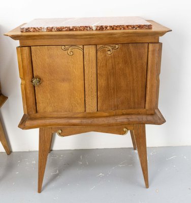 Vintage French Nightstands in Oak and Marble Top, 1960s, Set of 2 