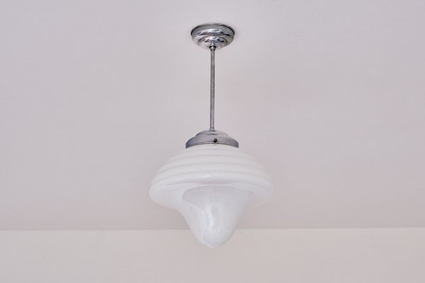 Art Deco Drop Shaped Pendant Light Opal Glass and Nickel Gispen, Netherlands, 1930s for sale at