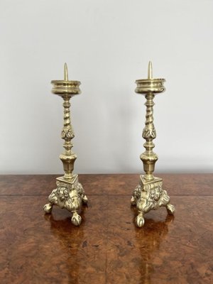 Antique Victorian Ornate Brass Pricket Candlestick, 1860, Set of 2